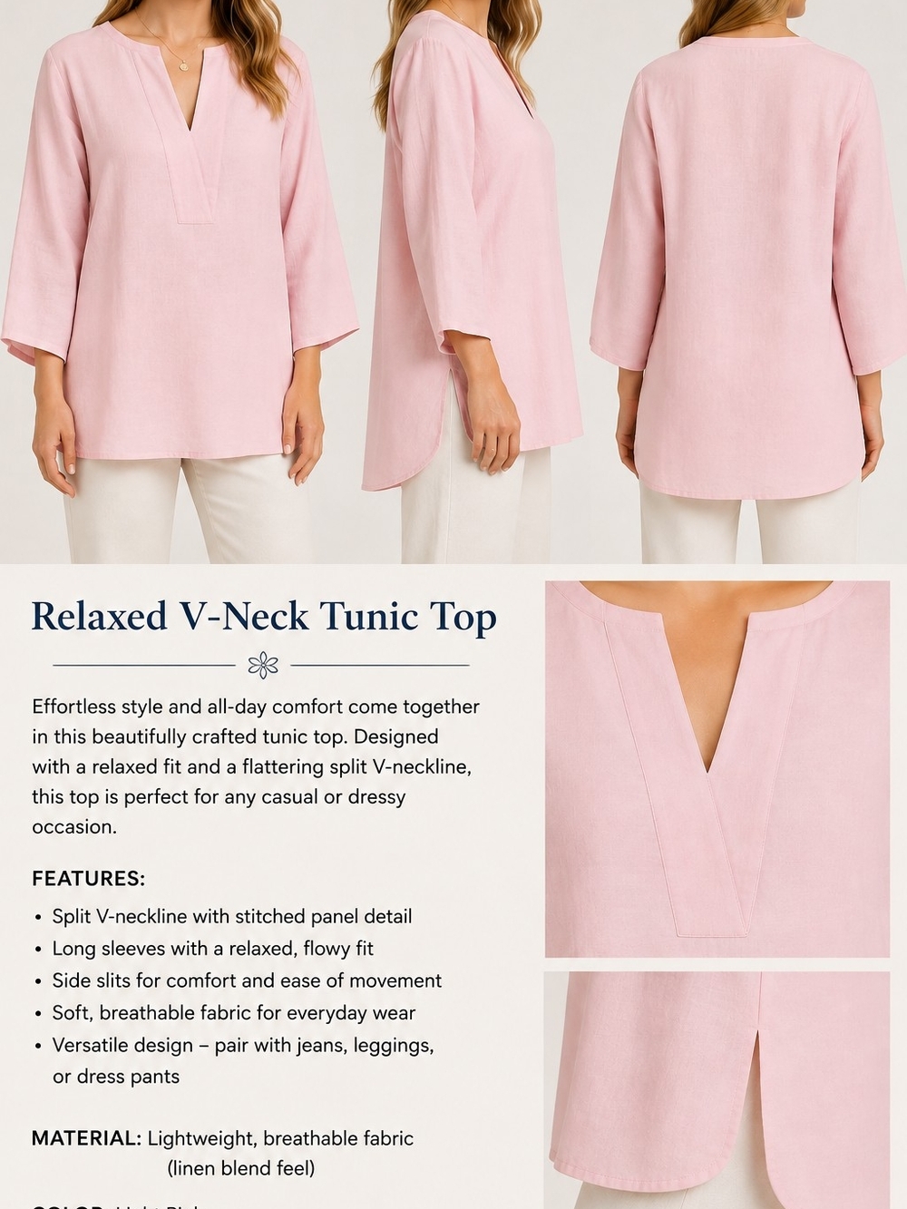 Relaxed V-Neck Tunic Top - Pink